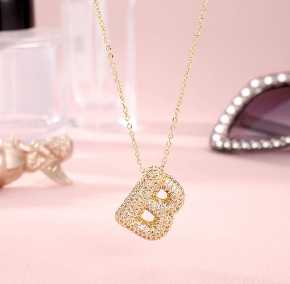 18K Gold Plated Crystal Bubble Initial Necklace – Paved Letter Pendant