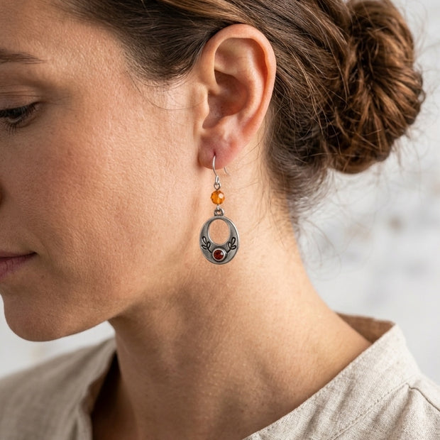 Boho Floral Oval Drop Earrings with Orange Bead – Stainless Steel
