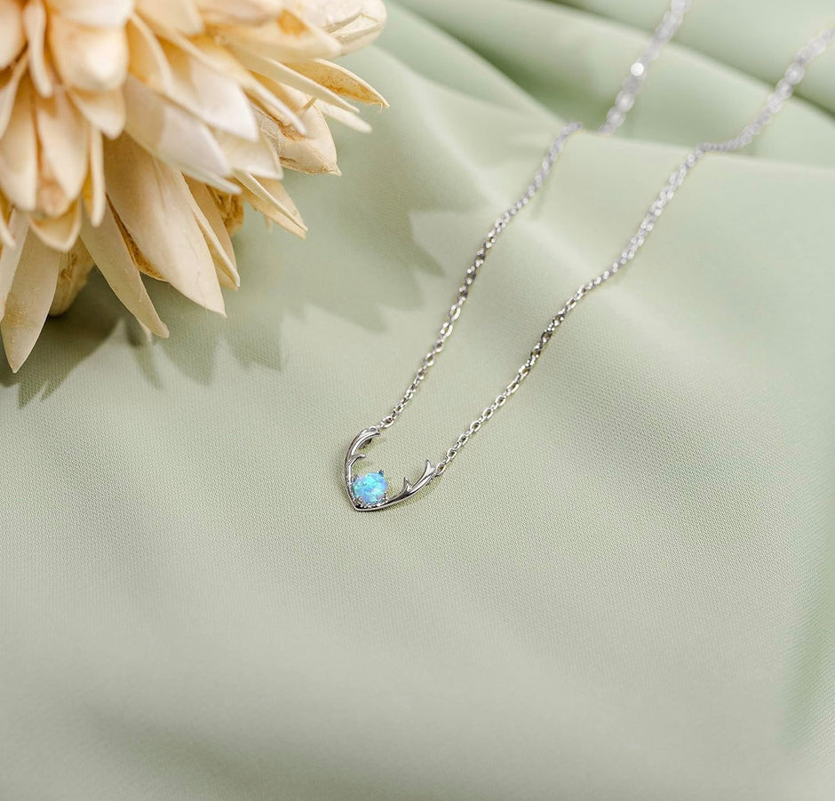14K White Gold Plated Created Blue Opal Deer Antler Pendant Necklace
