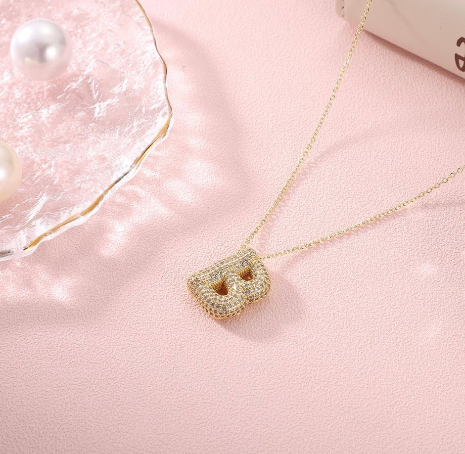 18K Gold Plated Crystal Bubble Initial Necklace – Paved Letter Pendant