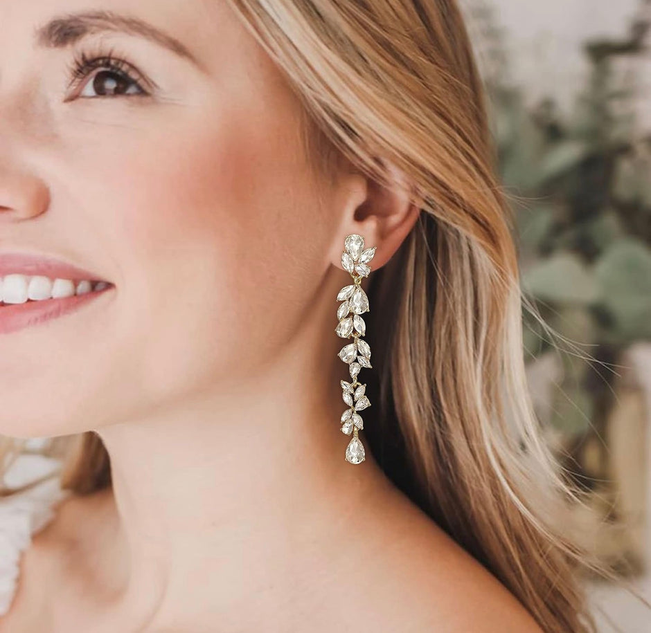 Bridal Crystal Chandelier Dangle Earrings – Cubic Zirconia Long Drop (8.5cm)