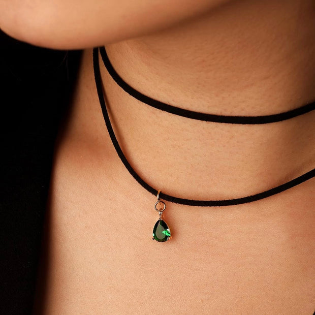 Layered Black Choker – Green Teardrop Gemstone Pendant Necklace