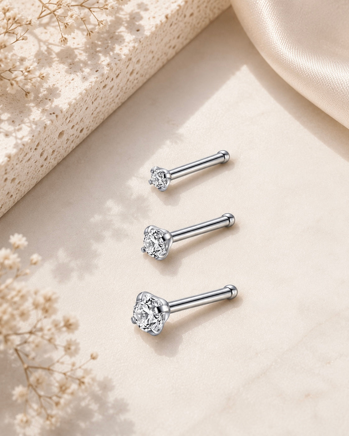 925 Sterling Silver Nose Bone Studs – Set of 3 Cubic Zirconia Piercings