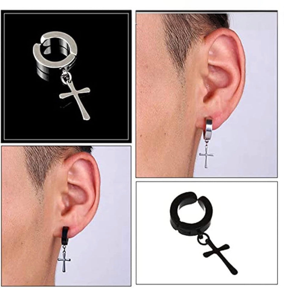 Stainless Steel Non-Piercing Cross Dangle Clip-On Earrings