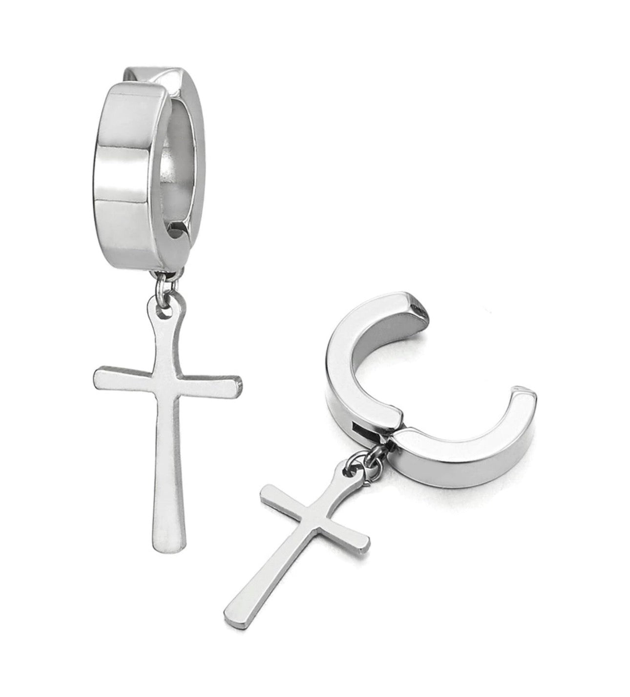 Stainless Steel Non-Piercing Cross Dangle Clip-On Earrings
