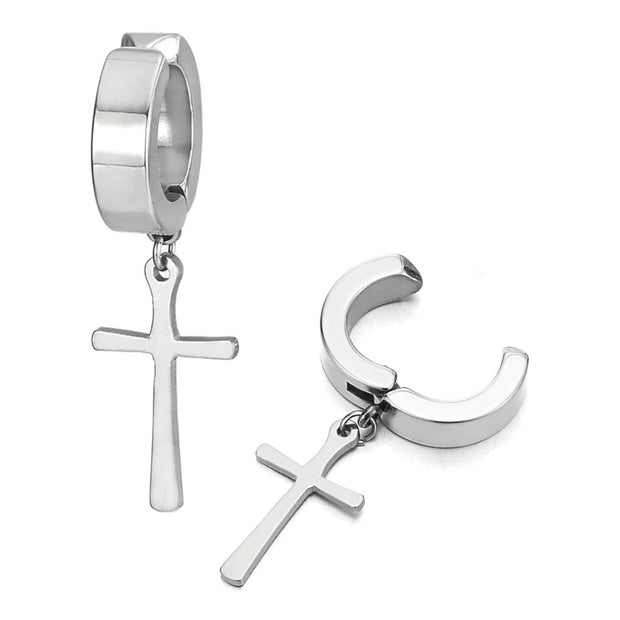 Stainless Steel Non-Piercing Cross Dangle Clip-On Earrings