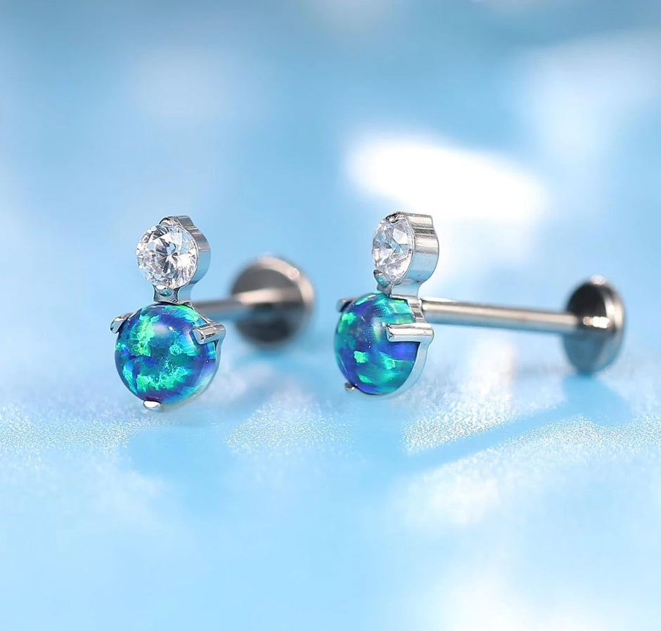 F136 Titanium Blue Opal Flat Back Stud Earrings – 18G Hypoallergenic Piercing