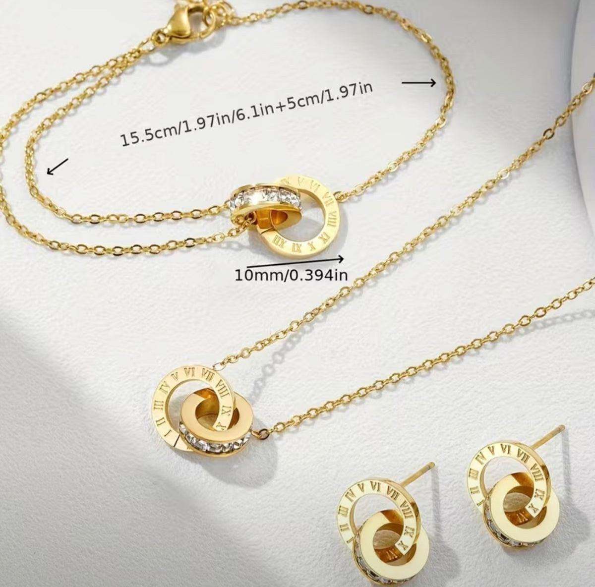 18K Gold Plated Roman Numeral Jewelry Set – Interlocking Ring Necklace, Bracelet & Earrings