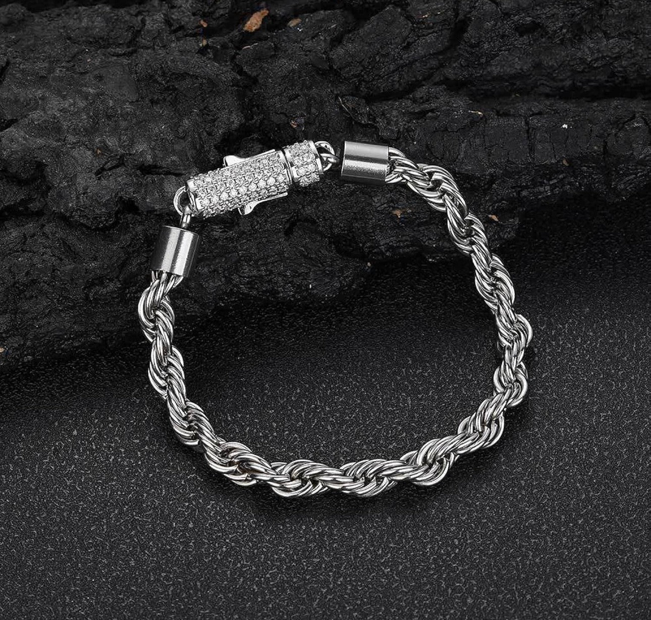 Elegant 16cm Silver-Tone Stainless Steel Rope Bracelet with Crystal Clasp