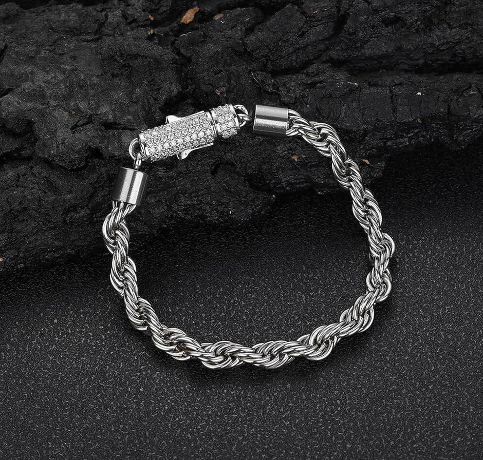 Elegant 16cm Silver-Tone Stainless Steel Rope Bracelet with Crystal Clasp