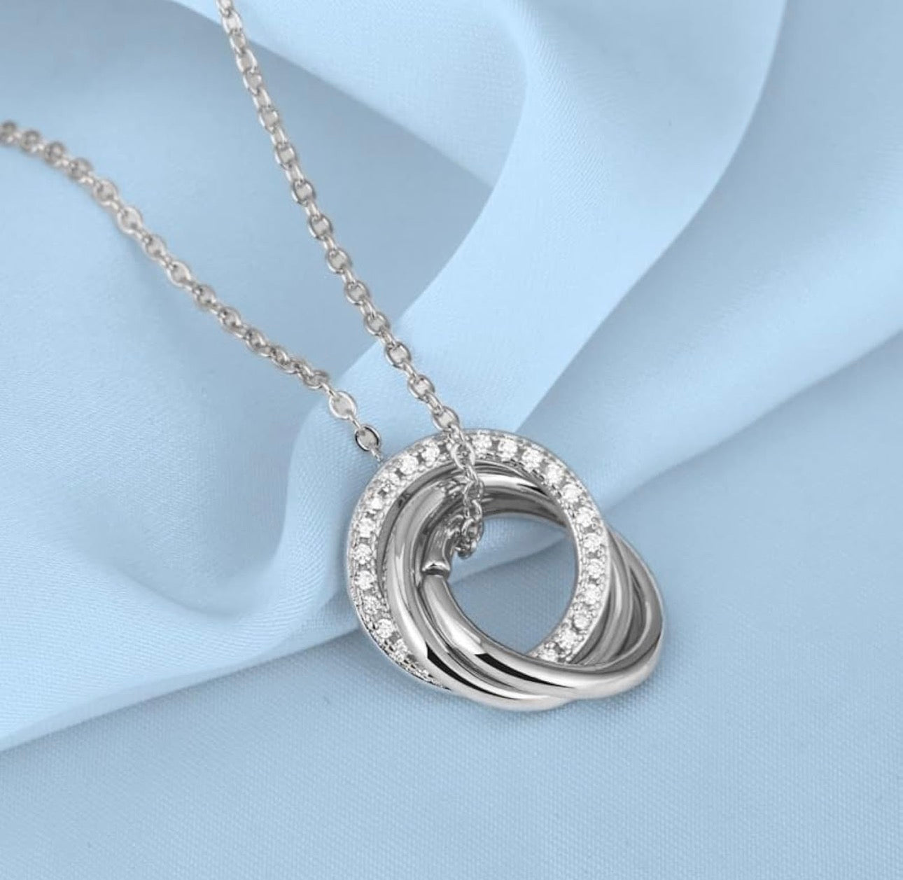 Silver-Tone Interlocking Rings Necklace – Sparkling Double Circle Pendant