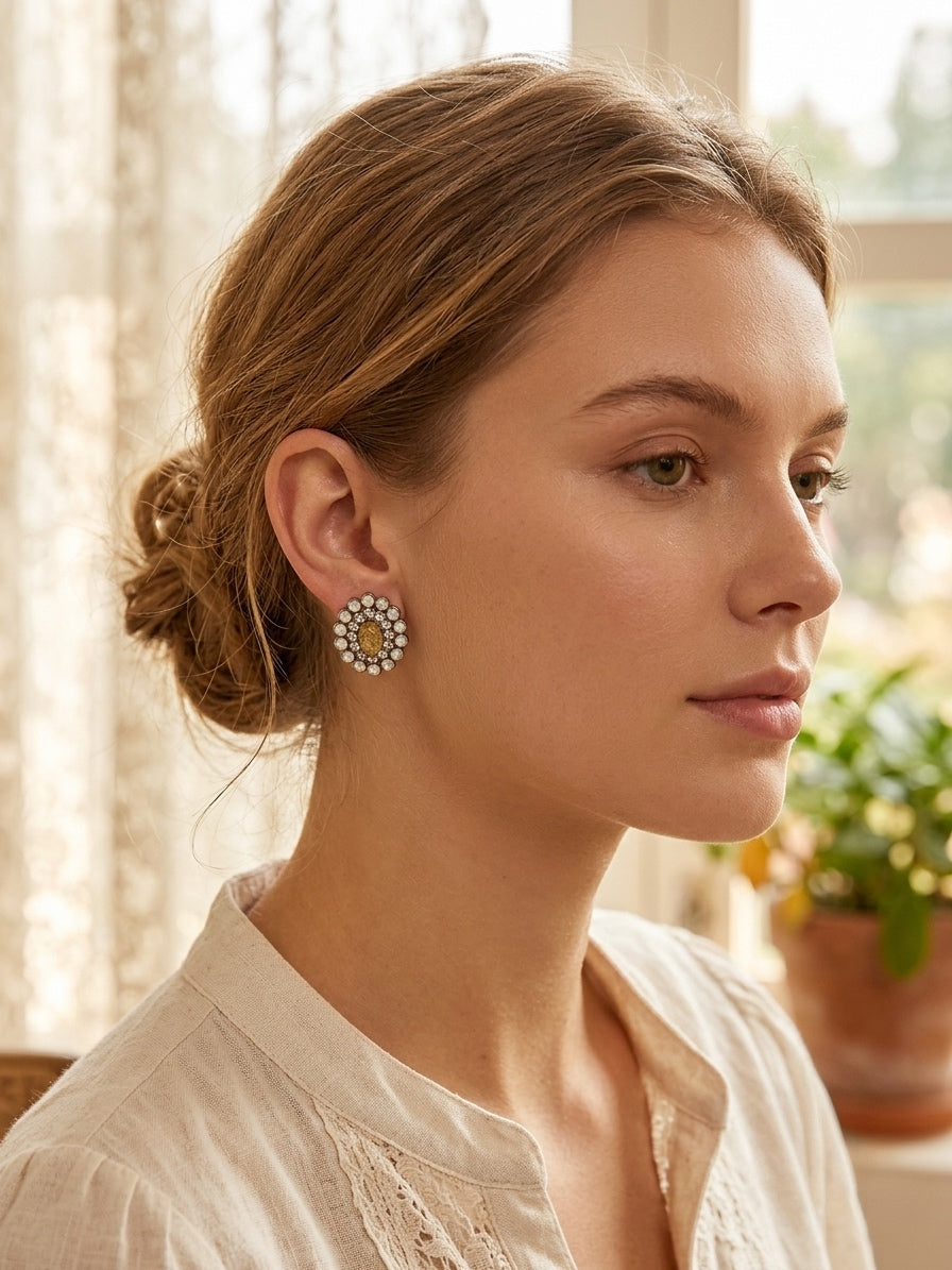 Elegant Gold-Tone Brass & Glass Stud Earrings