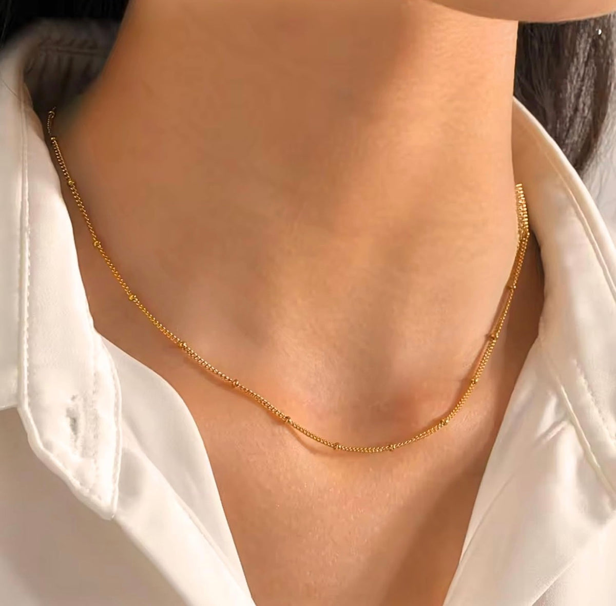 Gold Plated Satellite Chain Necklace – Dainty Stainless Steel Beaded Choker