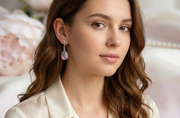 Elegant Pink Filigree Teardrop Clip-On Earrings