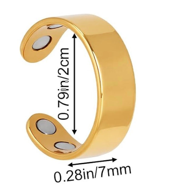 Gold-toned open cuff ring with dimension arrows and text showing 0.79 in / 2 cm height and 0.