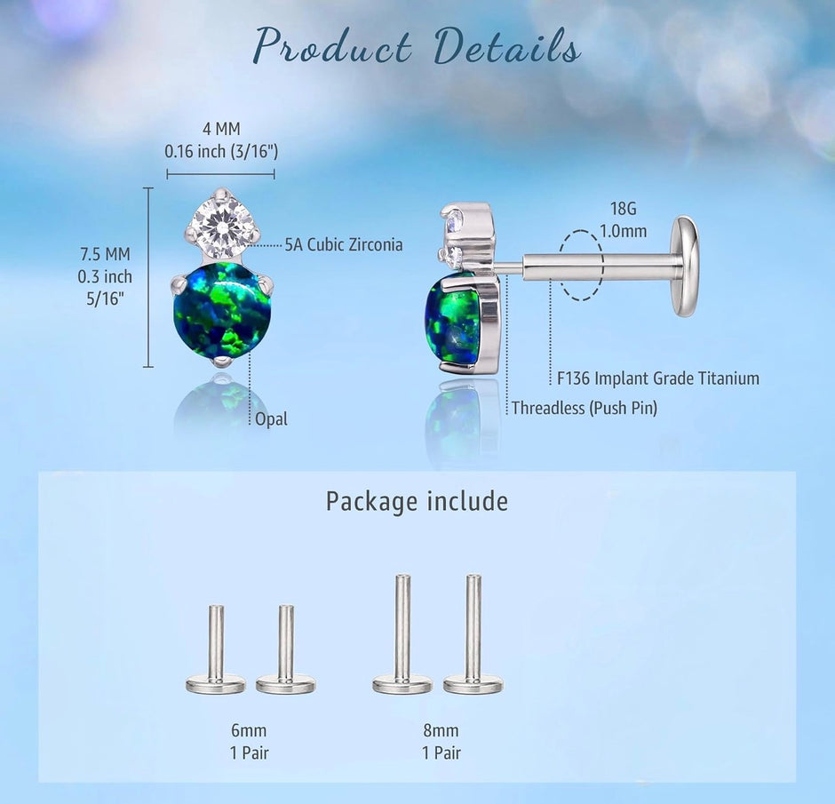 F136 Titanium Blue Opal Flat Back Stud Earrings – 18G Hypoallergenic Piercing