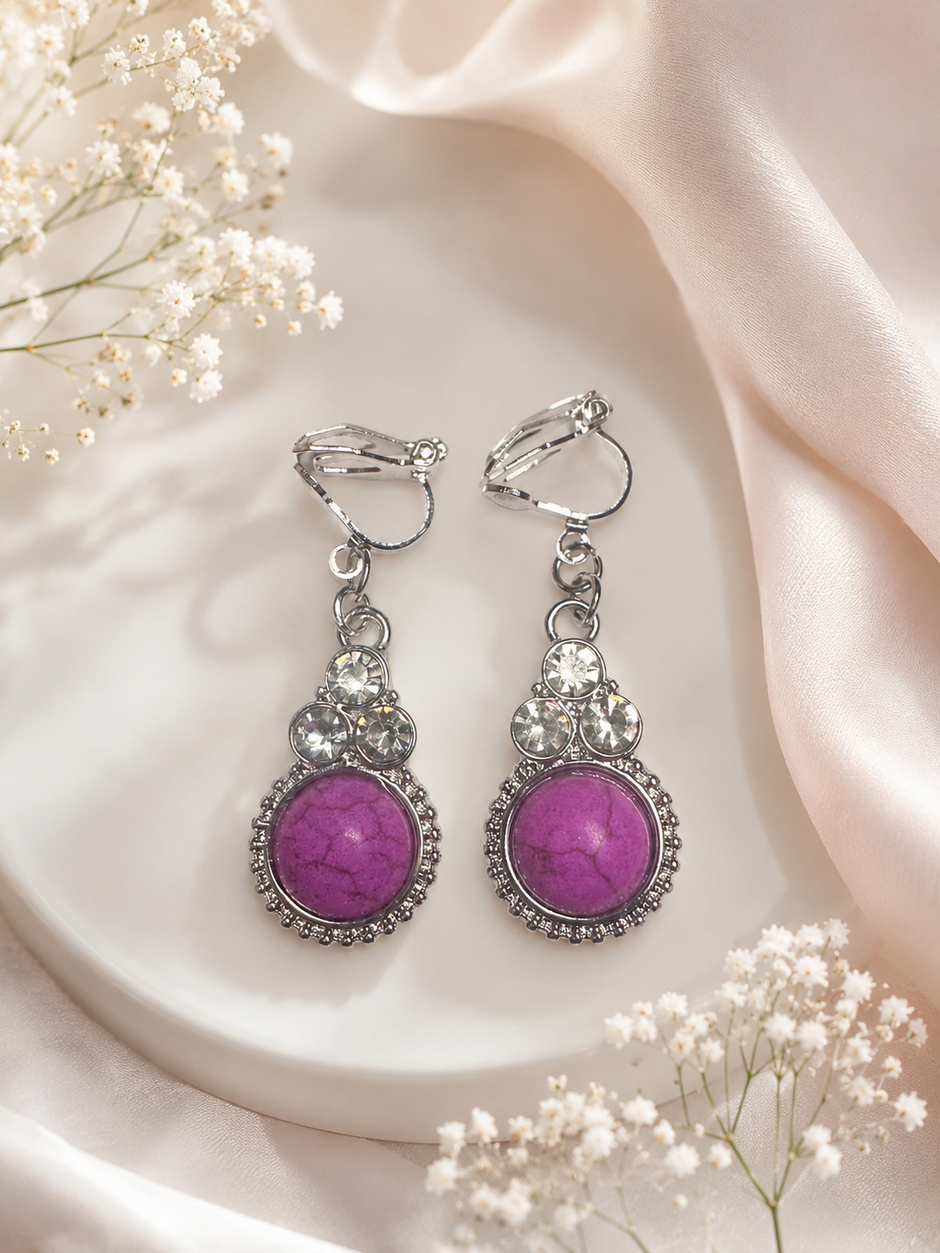 Vintage-Style Purple Stone & Crystal Clip-On Earrings