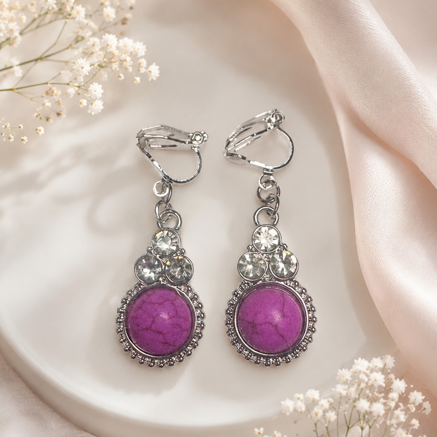 Vintage-Style Purple Stone & Crystal Clip-On Earrings