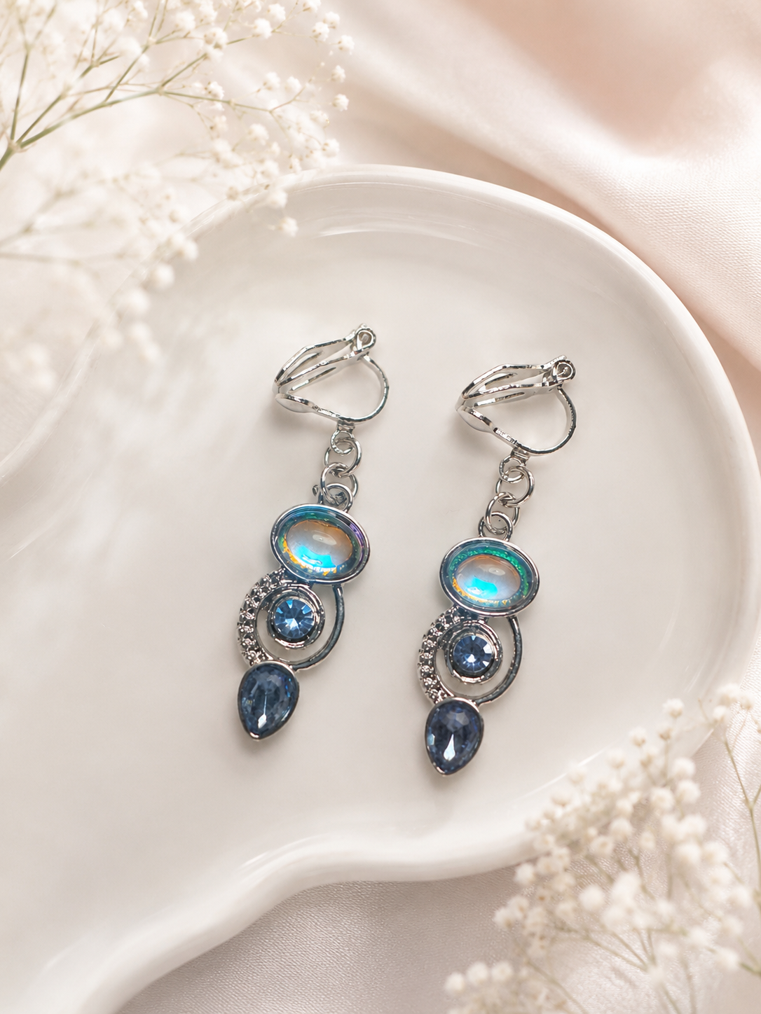 Elegant Iridescent Blue Crystal Clip-On Drop Earrings