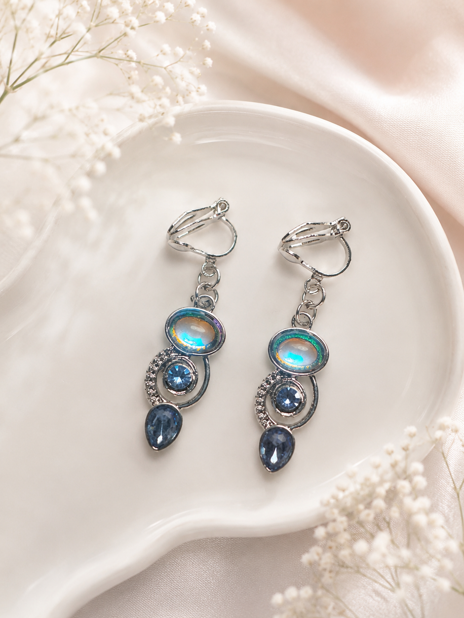 Elegant Iridescent Blue Crystal Clip-On Drop Earrings