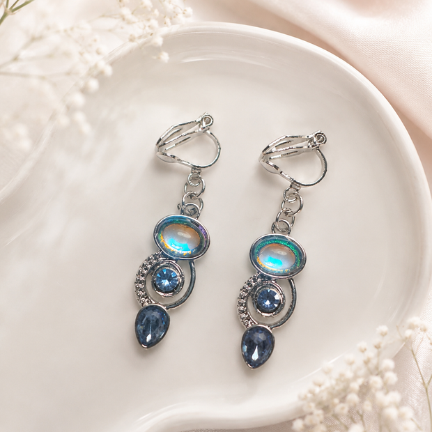 Elegant Iridescent Blue Crystal Clip-On Drop Earrings