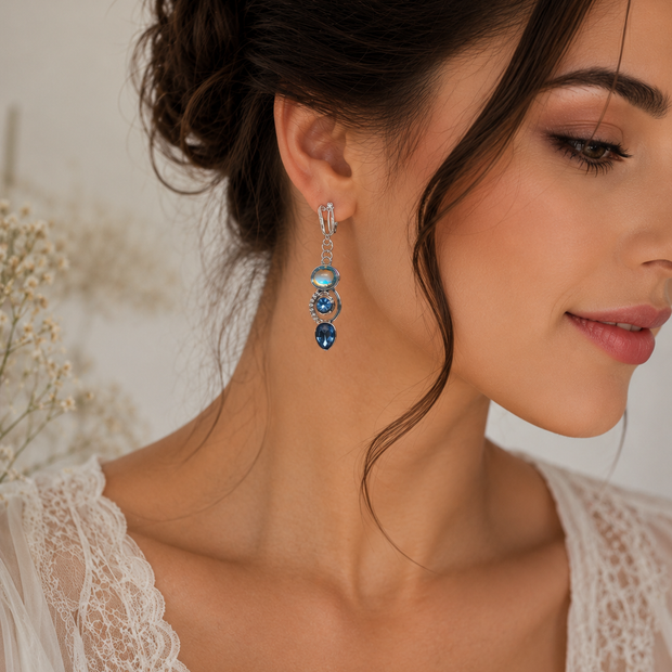 Elegant Iridescent Blue Crystal Clip-On Drop Earrings