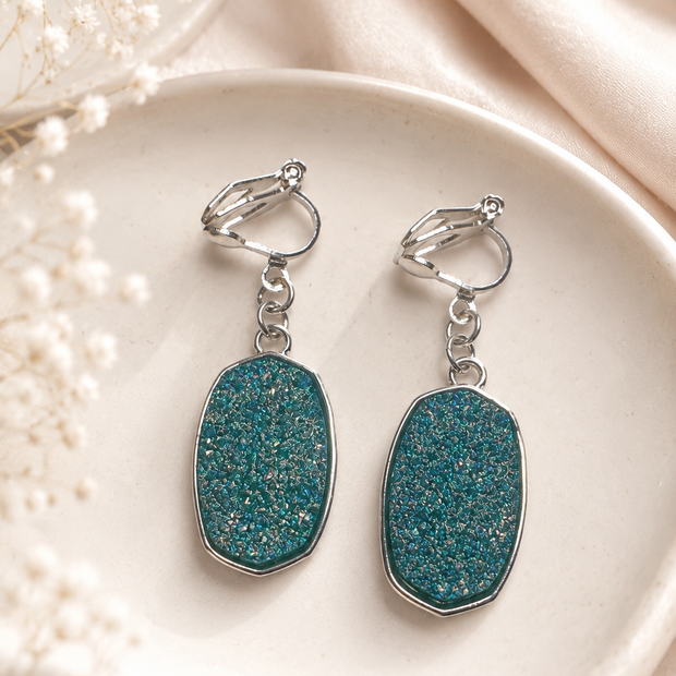 Elegant Deep Teal Glitter Oval Clip-On Earrings