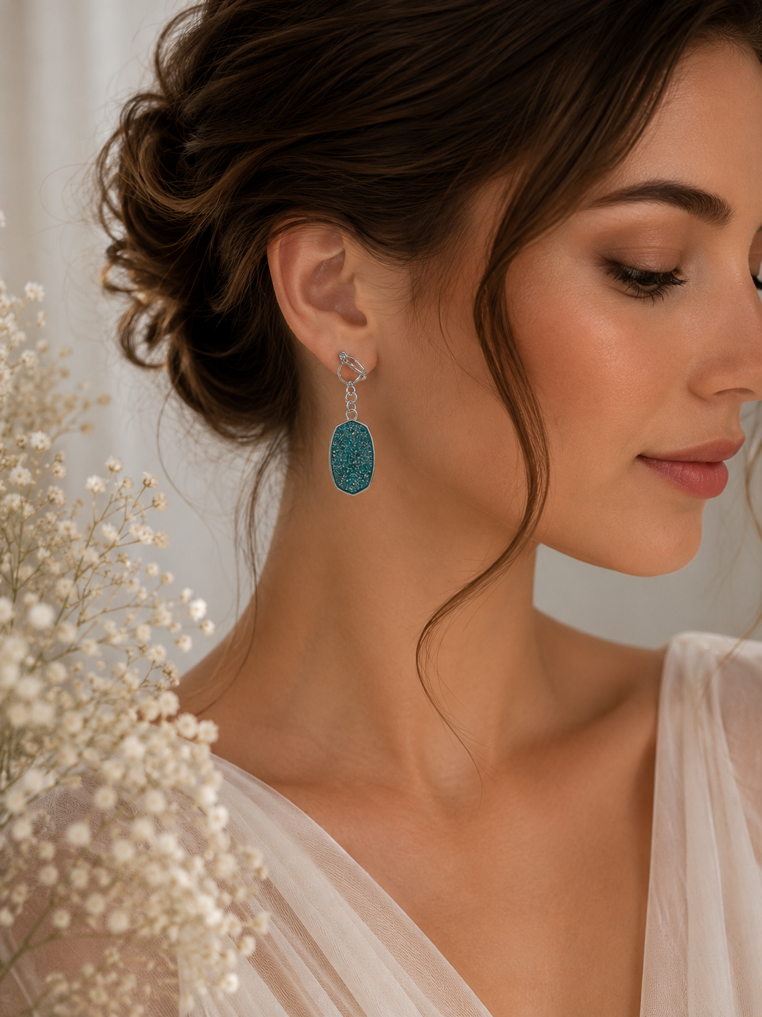 Elegant Deep Teal Glitter Oval Clip-On Earrings