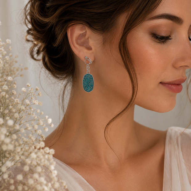 Elegant Deep Teal Glitter Oval Clip-On Earrings