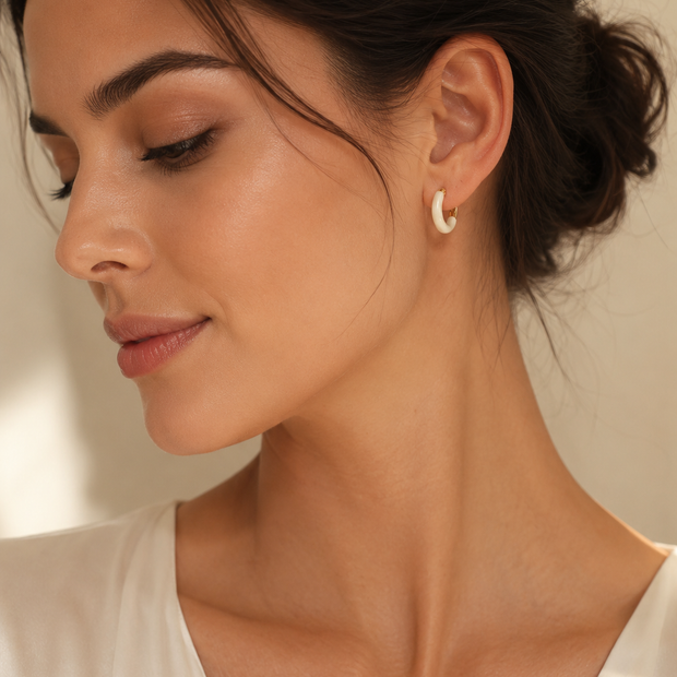 Elegant Pearl White & Gold-Tone Stainless Steel Huggie Hoops