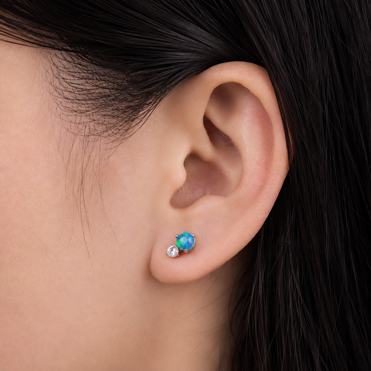 F136 Titanium Blue Opal Flat Back Stud Earrings – 18G Hypoallergenic Piercing