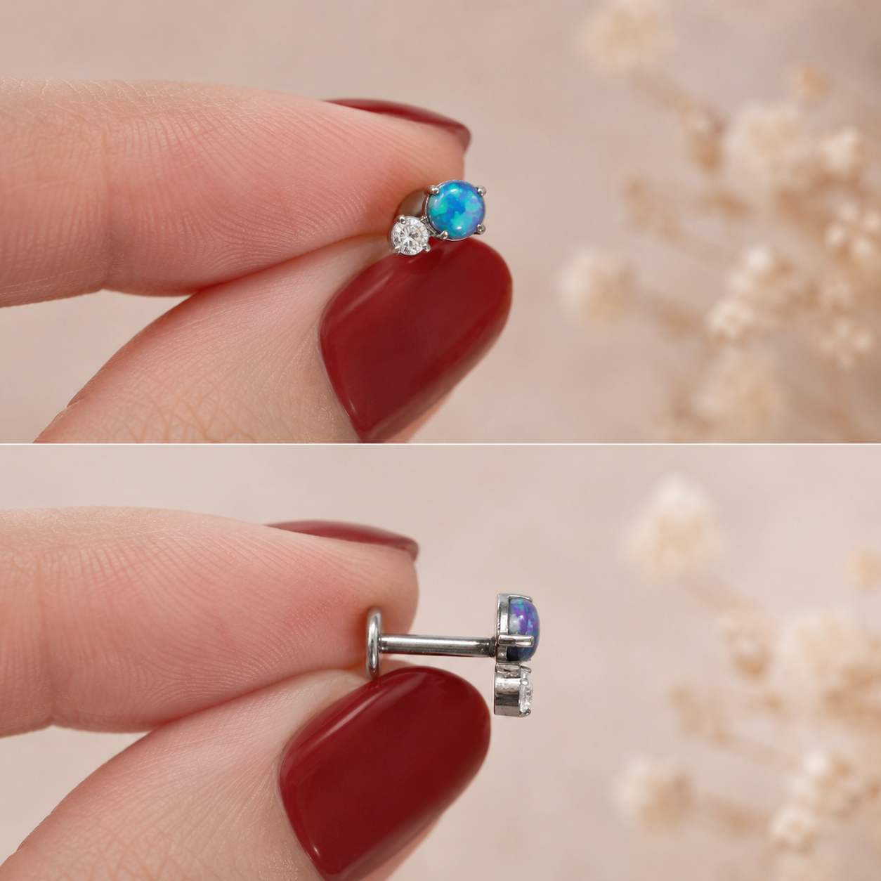 F136 Titanium Blue Opal Flat Back Stud Earrings – 18G Hypoallergenic Piercing