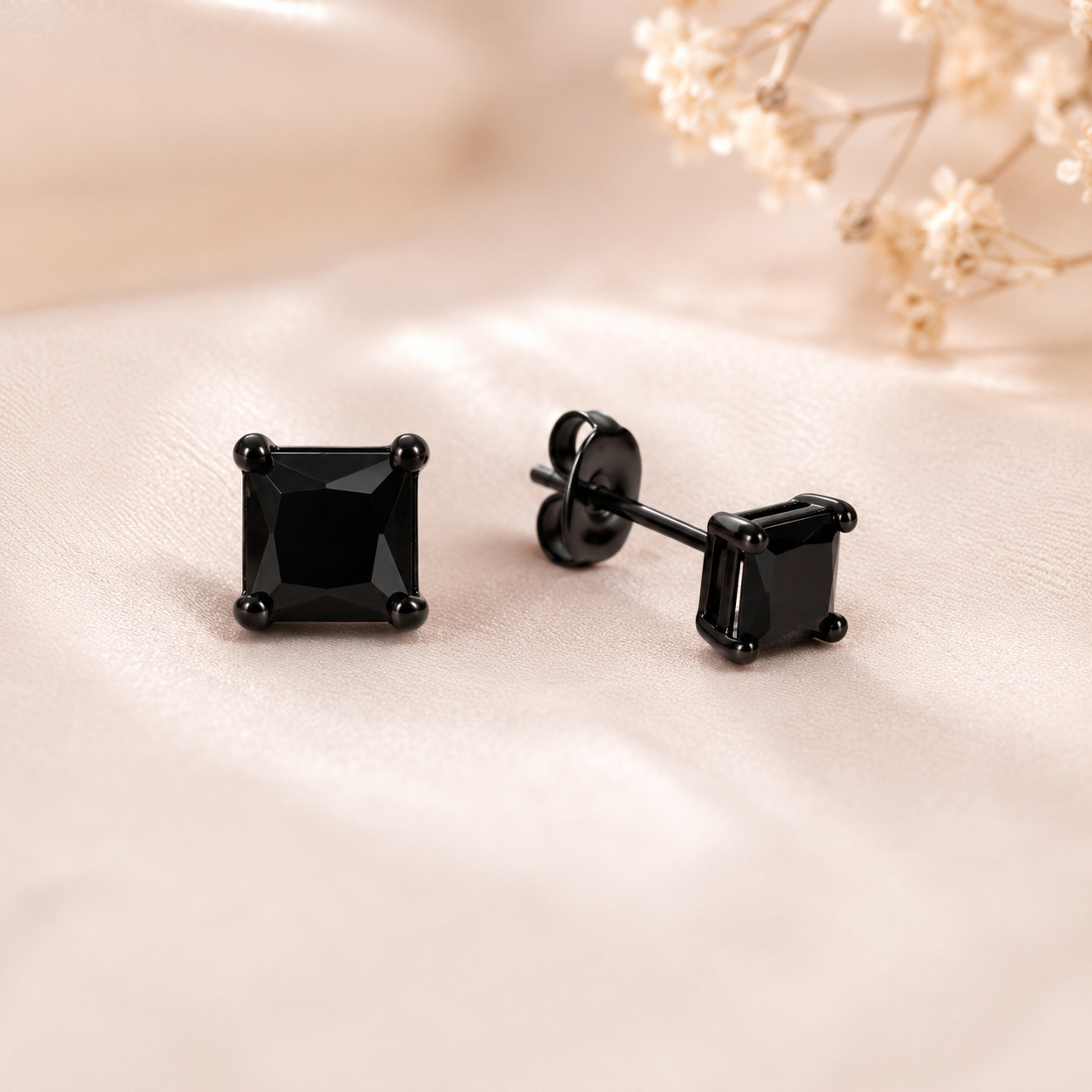 Classic 7mm Black Square Cubic Zirconia Princess Cut Stud Earrings