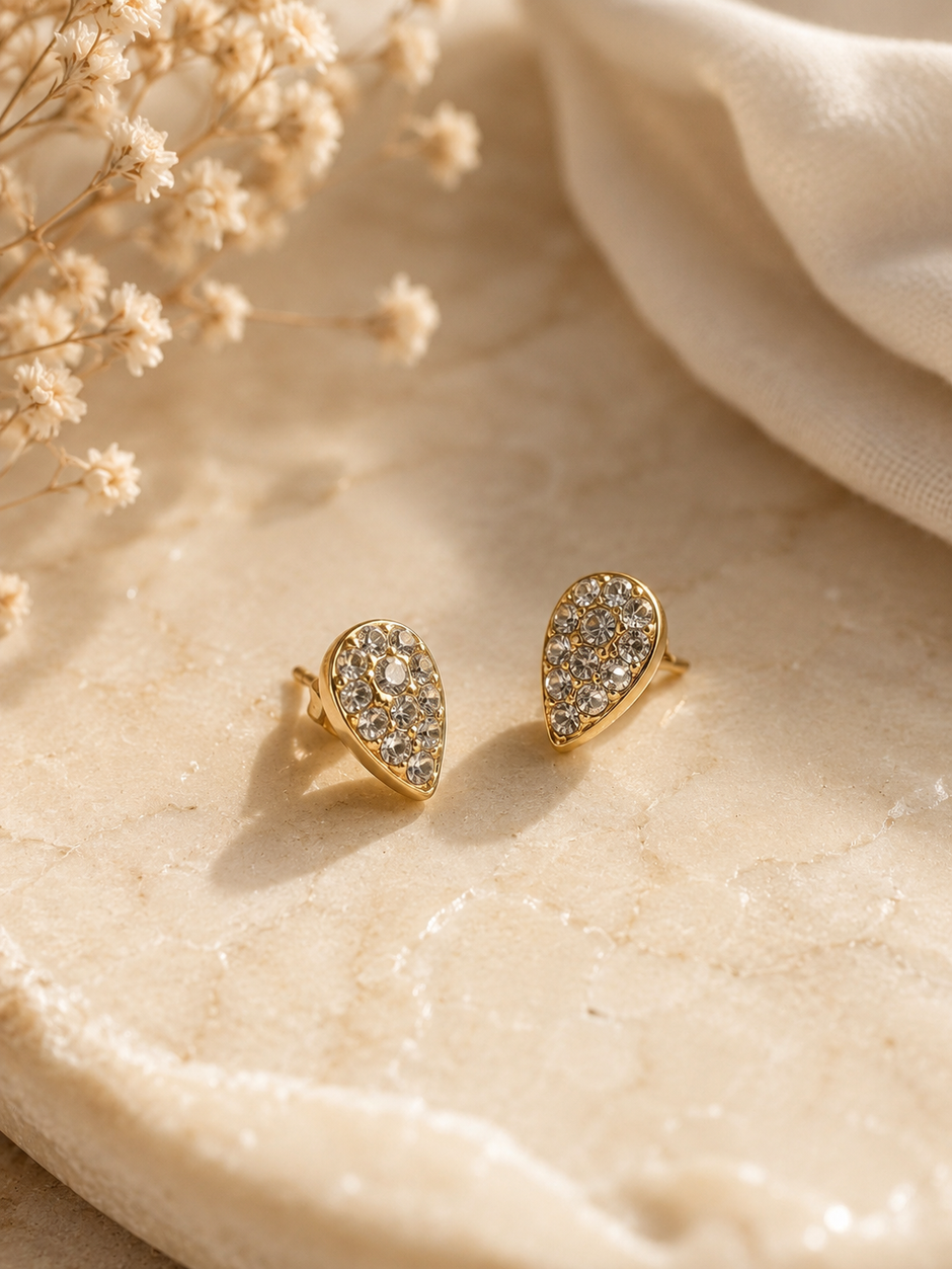 Elegant 7x5mm Gold Stainless Steel Teardrop CZ Pavé Stud Earrings