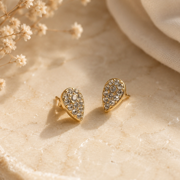 Elegant 7x5mm Gold Stainless Steel Teardrop CZ Pavé Stud Earrings