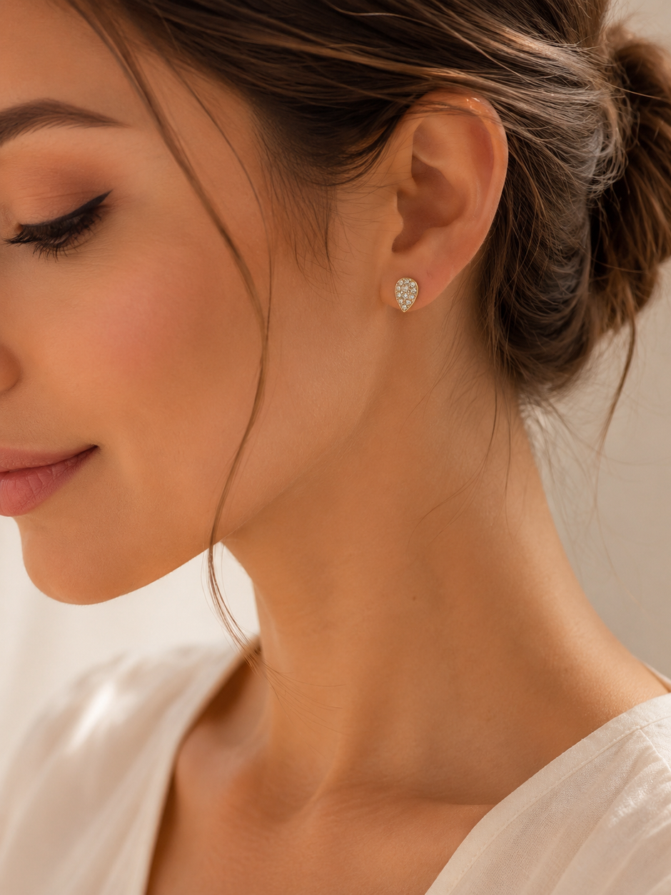 Elegant 7x5mm Gold Stainless Steel Teardrop CZ Pavé Stud Earrings
