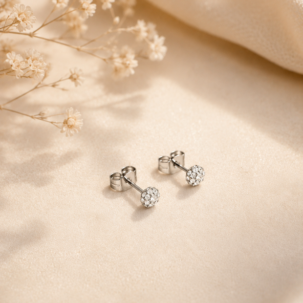 4mm Stainless Steel CZ Crystal 3D Shambhala Ball Stud Earrings