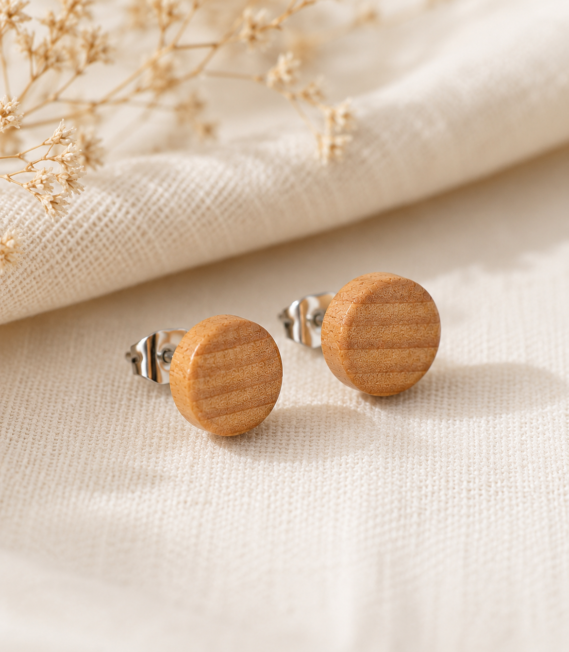 Minimalist Natural Wood Stud Earrings with Stainless Steel Post