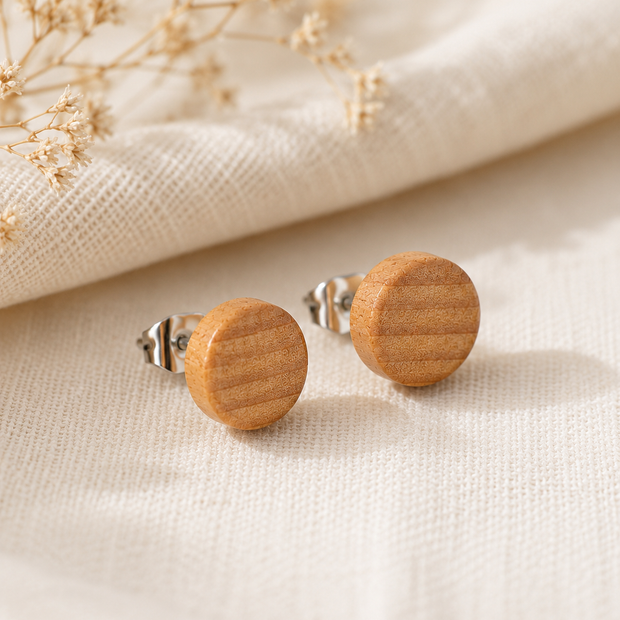 Minimalist Natural Wood Stud Earrings with Stainless Steel Post