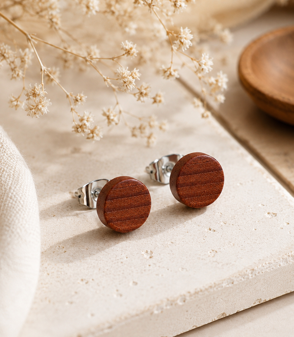 Minimalist Natural Wood Stud Earrings with Stainless Steel Post