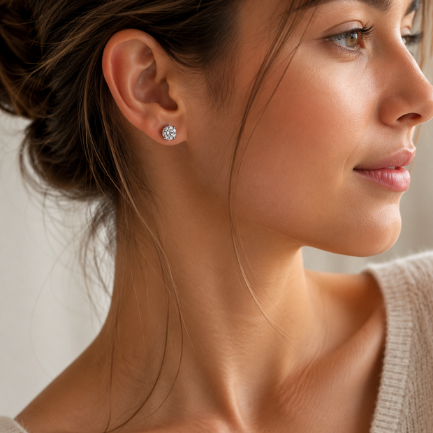 Classic Round Cubic Zirconia Stainless Steel Stud Earrings