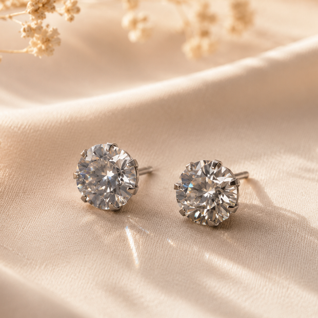Classic Round Cubic Zirconia Stainless Steel Stud Earrings