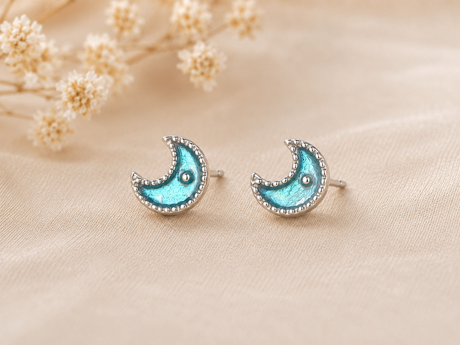 Dainty Stainless Steel Light Blue Enamel Crescent Moon Stud Earrings
