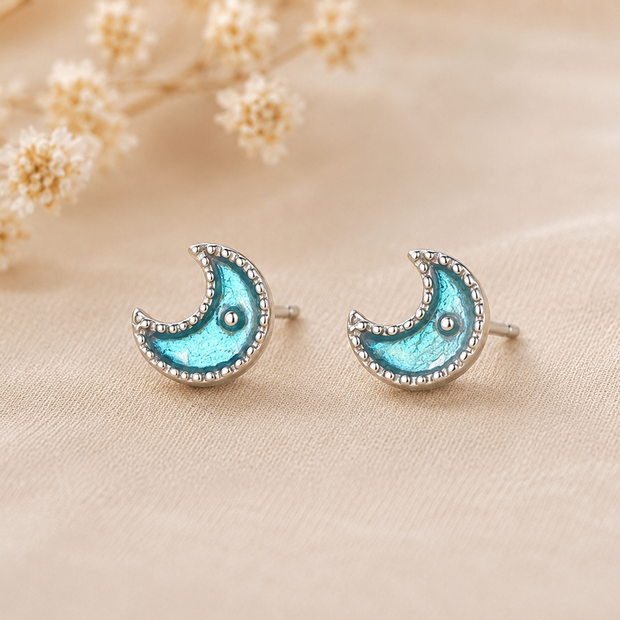 Dainty Stainless Steel Light Blue Enamel Crescent Moon Stud Earrings