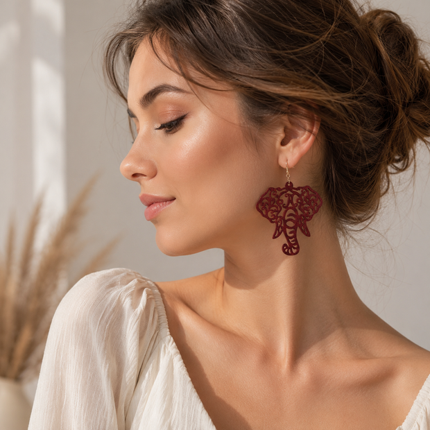 Bohemian Geometric Wooden Hollow-Out Elephant Dangle Earrings