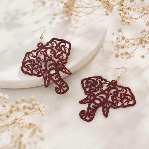 Bohemian Geometric Wooden Hollow-Out Elephant Dangle Earrings