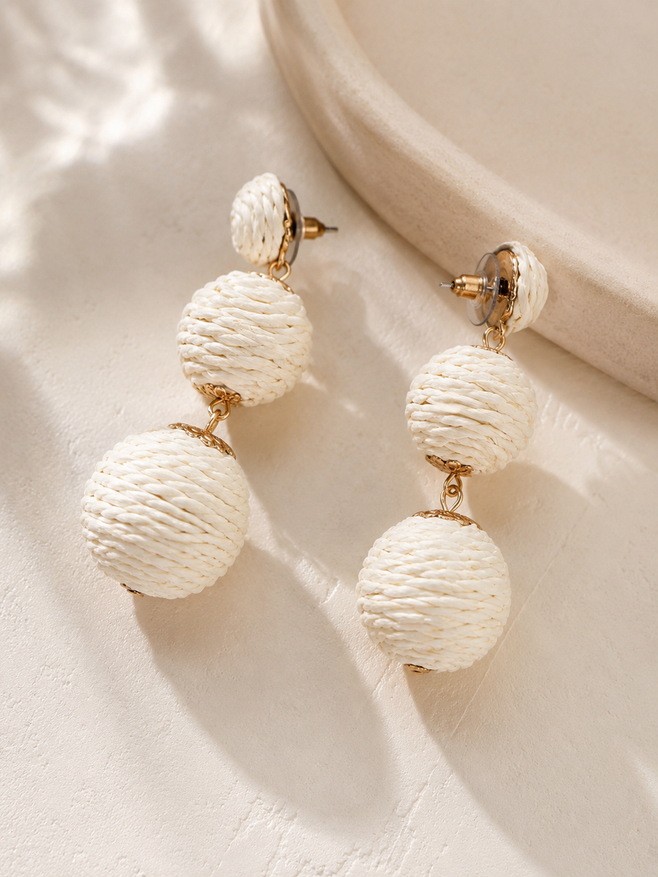 Handcrafted Bohemian Raffia Rattan Tiered Drop Earrings