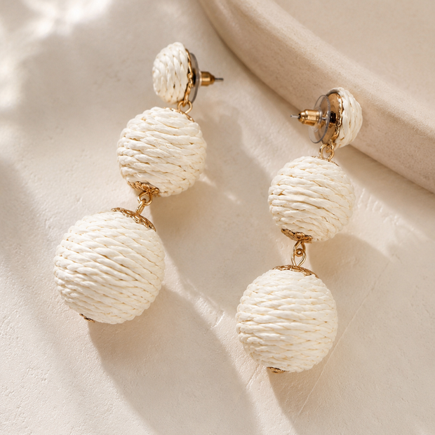 Handcrafted Bohemian Raffia Rattan Tiered Drop Earrings