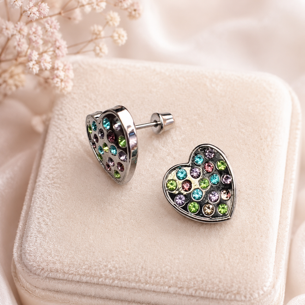 Sparkly 1.5cm Stainless Steel Multicolor Pavé Heart Stud Earrings