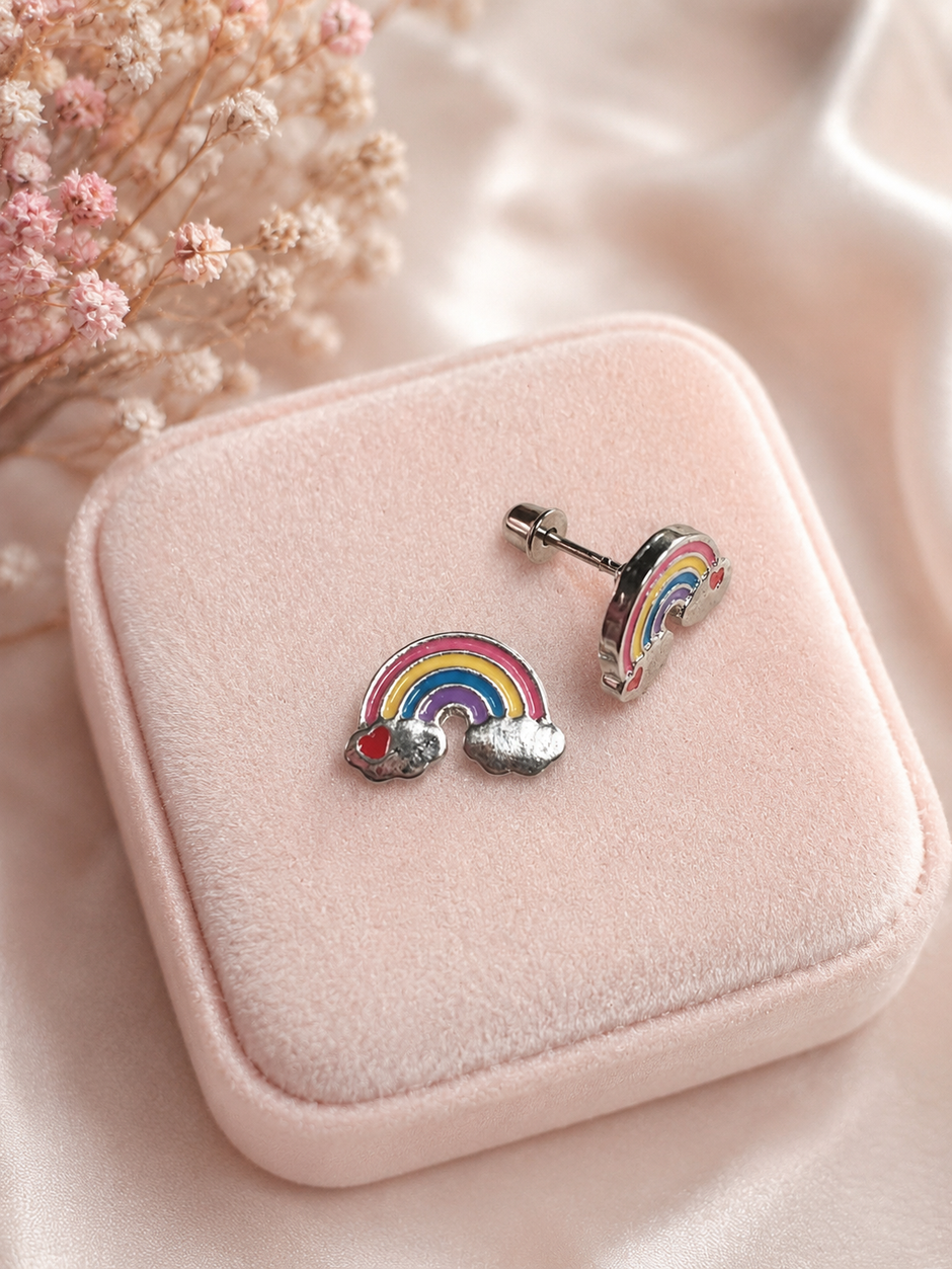 Cute 1.2cm Enamel Rainbow & Cloud Stainless Steel Stud Earrings